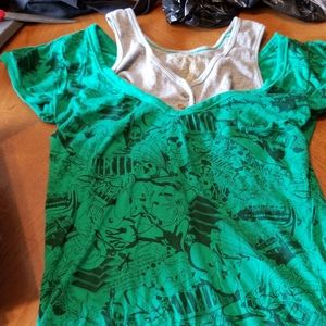 Ecko Red shirt green graffiti comic gold accents